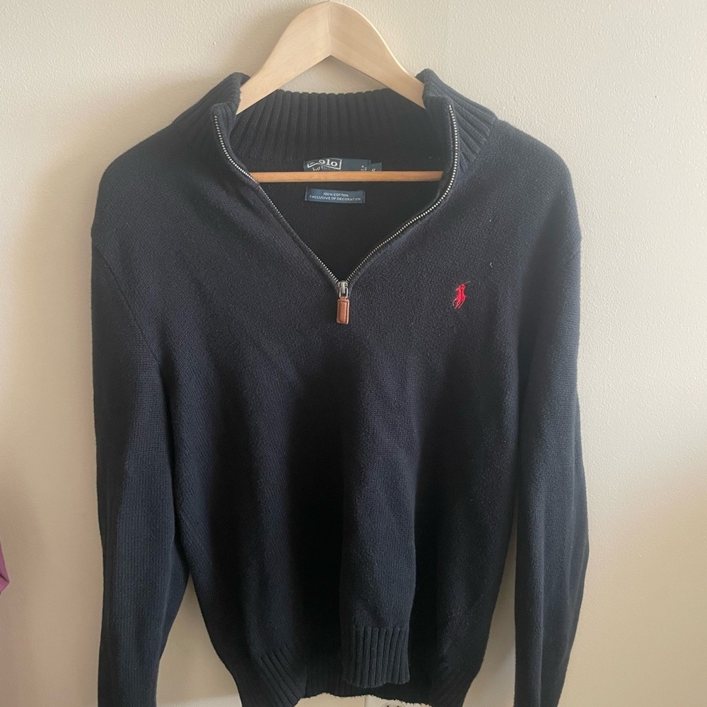 Ralph Lauren Black Zip-Up Sweater with Red Emblem